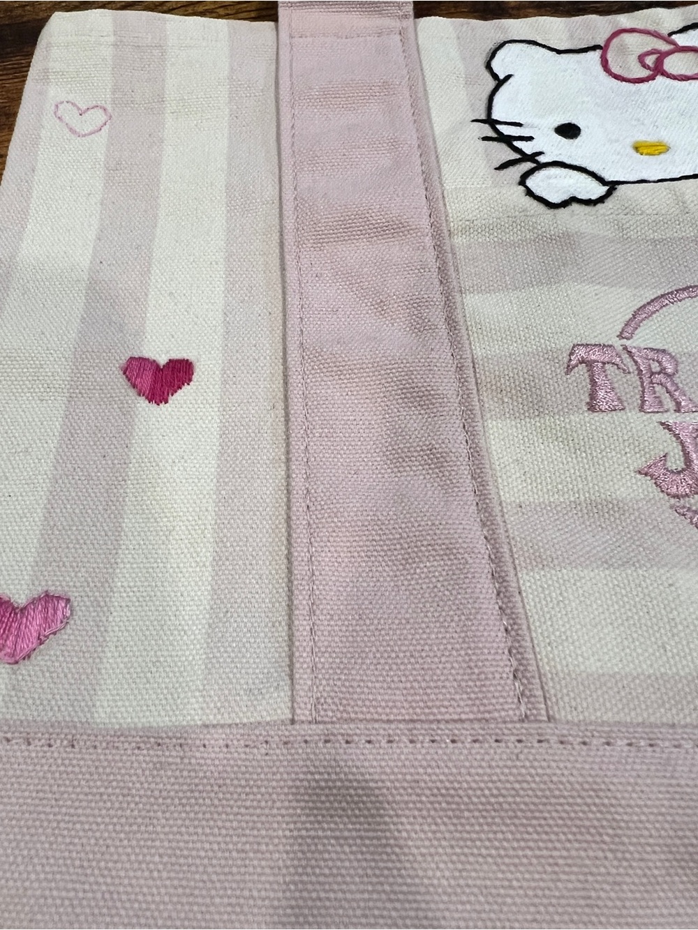 Viral Trader Joes Pink Stripe Canvas Tote Bag - hand embroidered / hand painted - Picture 5 of 7